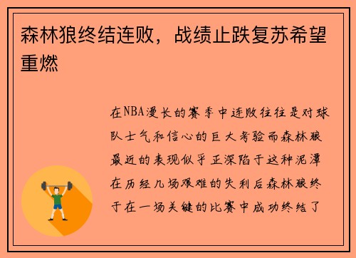 森林狼终结连败，战绩止跌复苏希望重燃